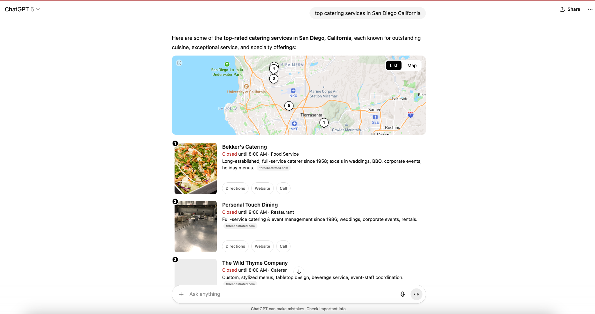 Example search for "top catering services in San Diego" with map and listings, illustrating AI-style results and why AI snippet SEO matters