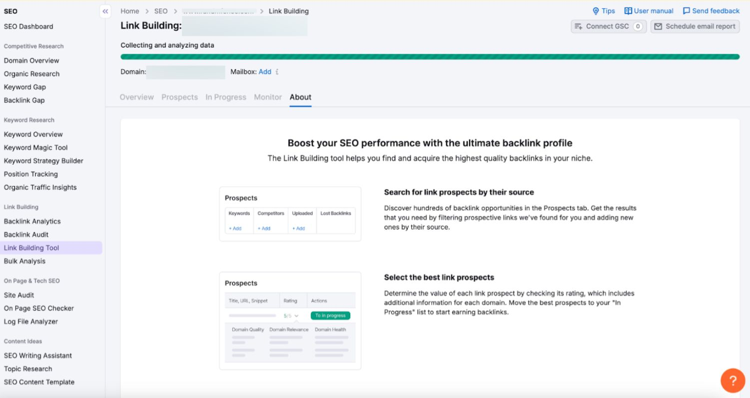 SEO link building dashboard displaying backlink prospects and domain quality analysis for strengthening authority