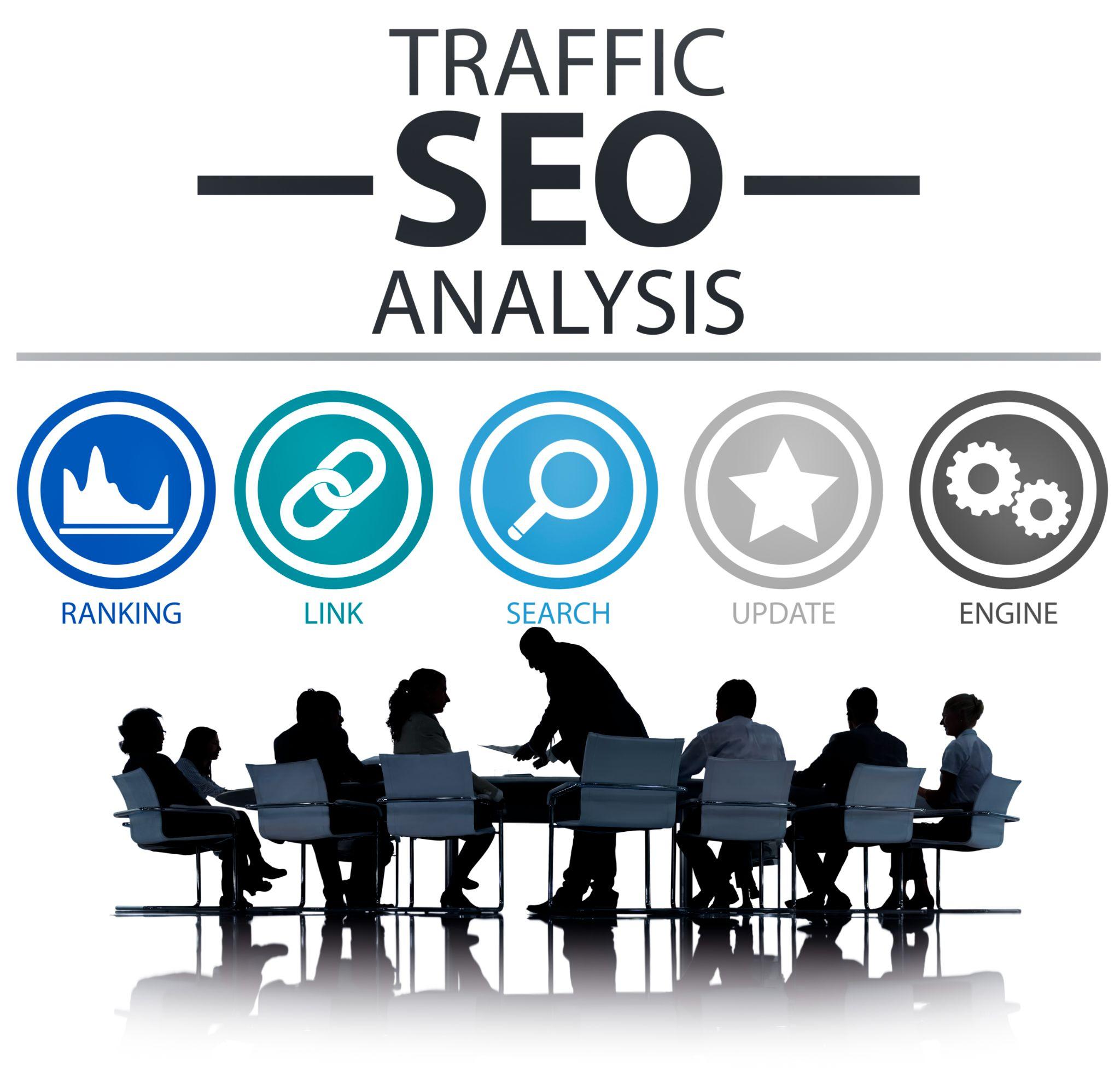 Business team in a meeting with SEO analysis icons for ranking, link building, search optimization, updates, and engine performance