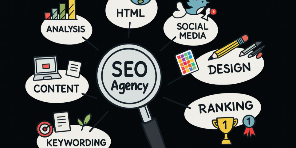 What is an SEO agency illustration showing analysis, HTML, content, keywording, social media, design, and ranking services