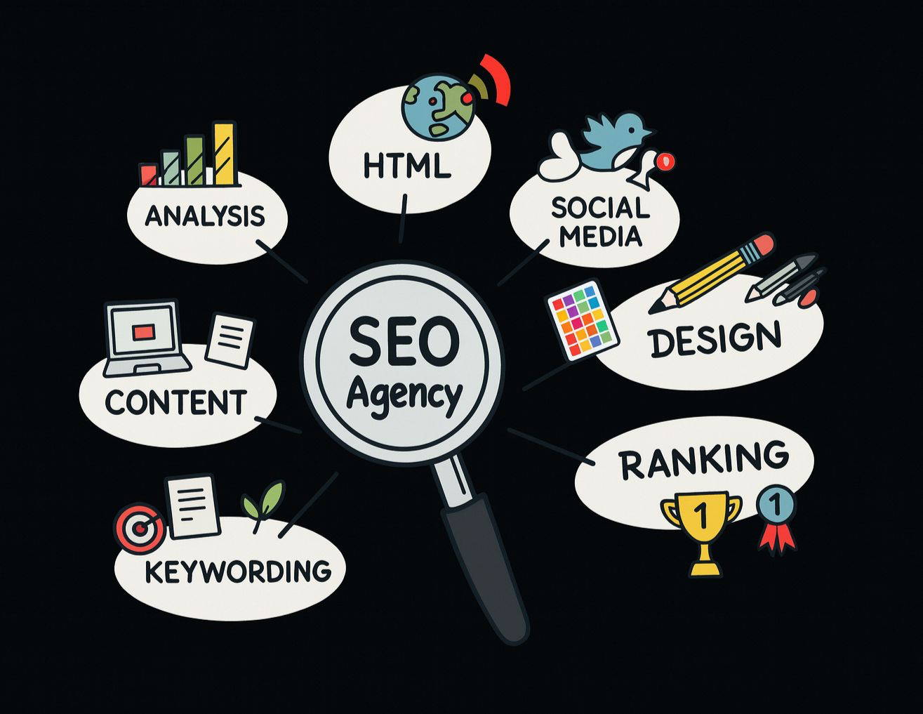 What is an SEO agency illustration showing analysis, HTML, content, keywording, social media, design, and ranking services