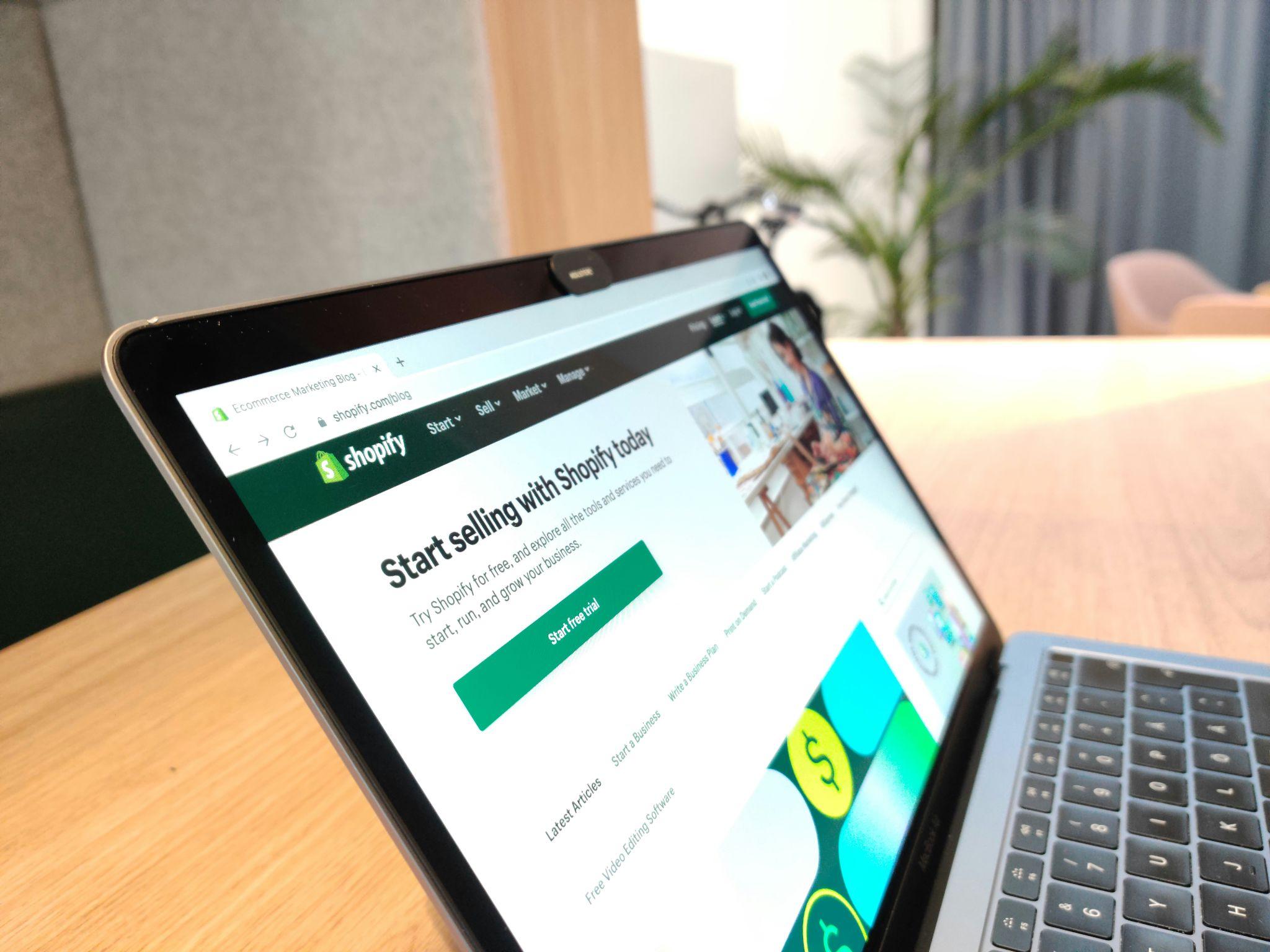 Shopify “Start selling” page on a laptop, example platform choice for a first ecommerce business.