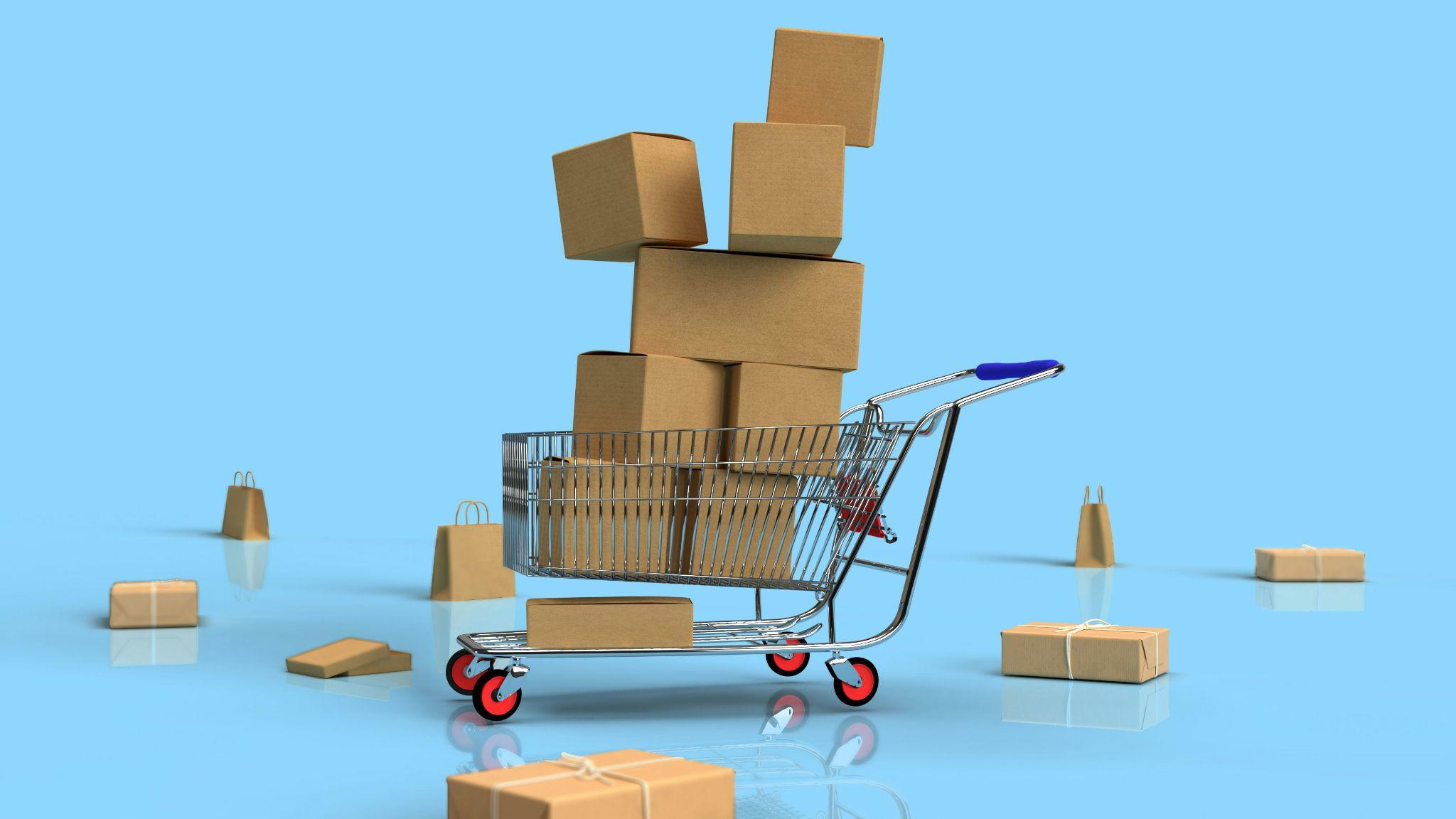 Shopping cart stacked with parcels representing ecommerce fulfillment, shipping, and returns.