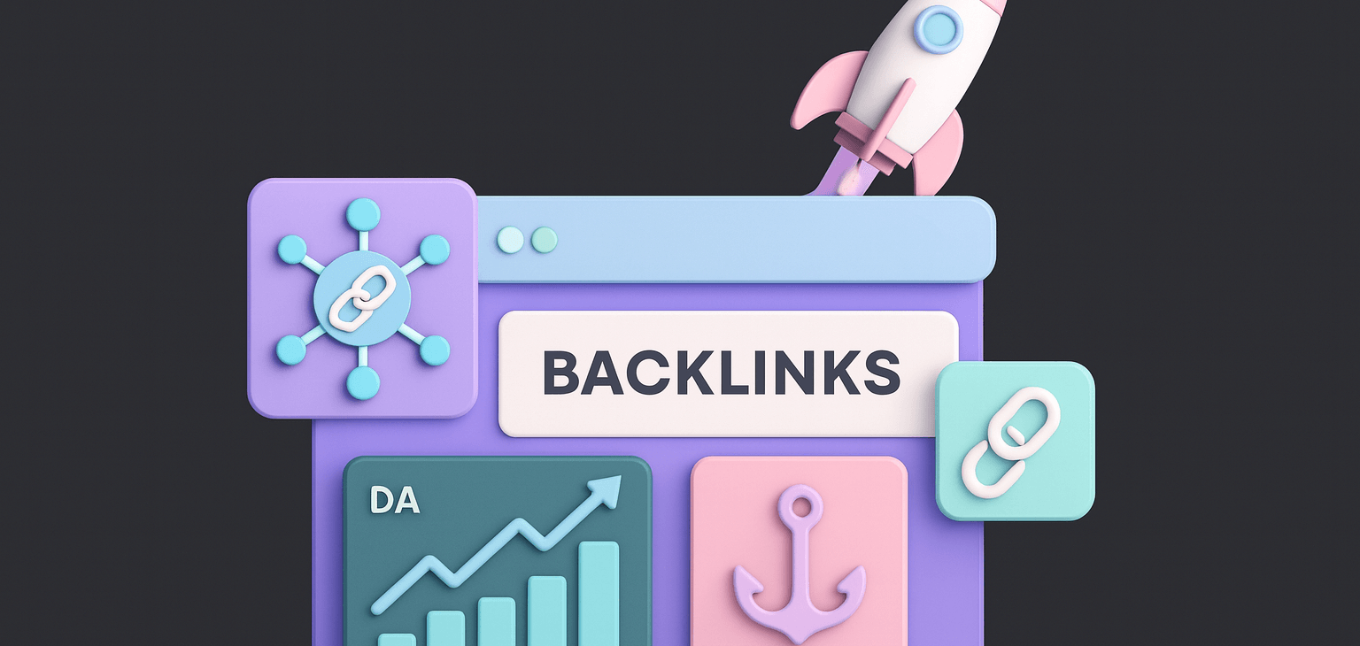 Flat-style hero illustration on a teal background showing a laptop surrounded by colorful webpage cards, each connected by chain icons to represent backlinks