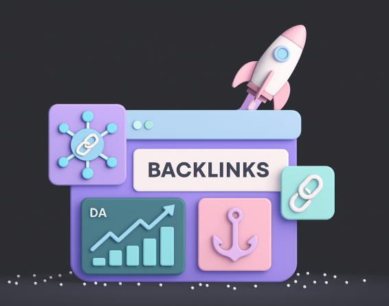 Flat-style hero illustration on a teal background showing a laptop surrounded by colorful webpage cards, each connected by chain icons to represent backlinks