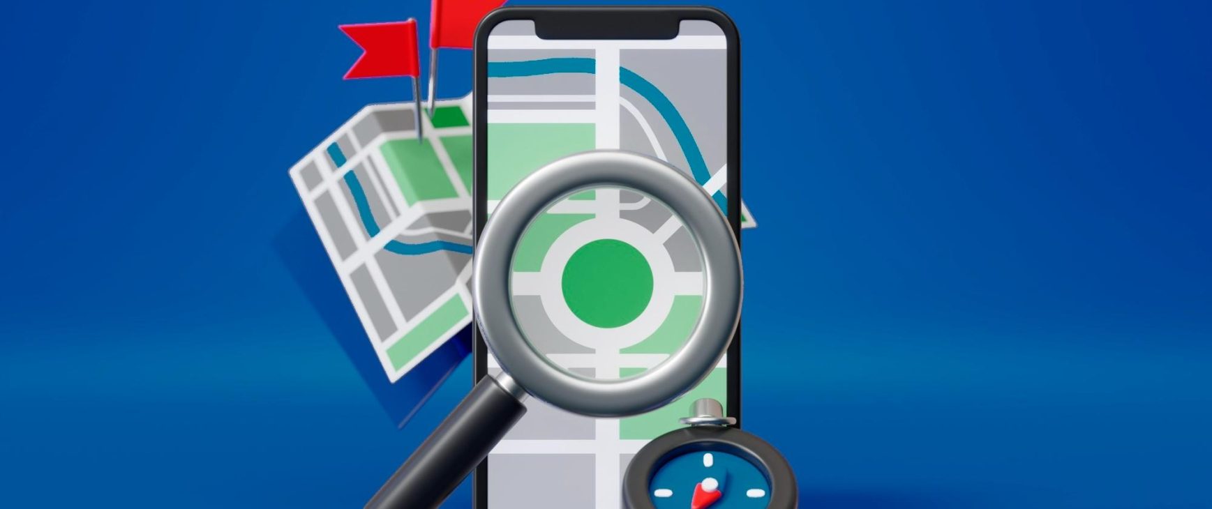 Smartphone map and magnifier illustrating local SEO visibility