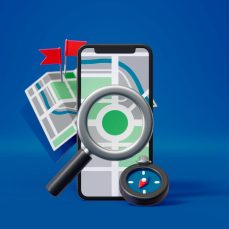 Smartphone map and magnifier illustrating local SEO visibility
