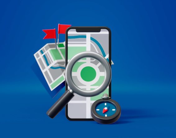 Smartphone map and magnifier illustrating local SEO visibility