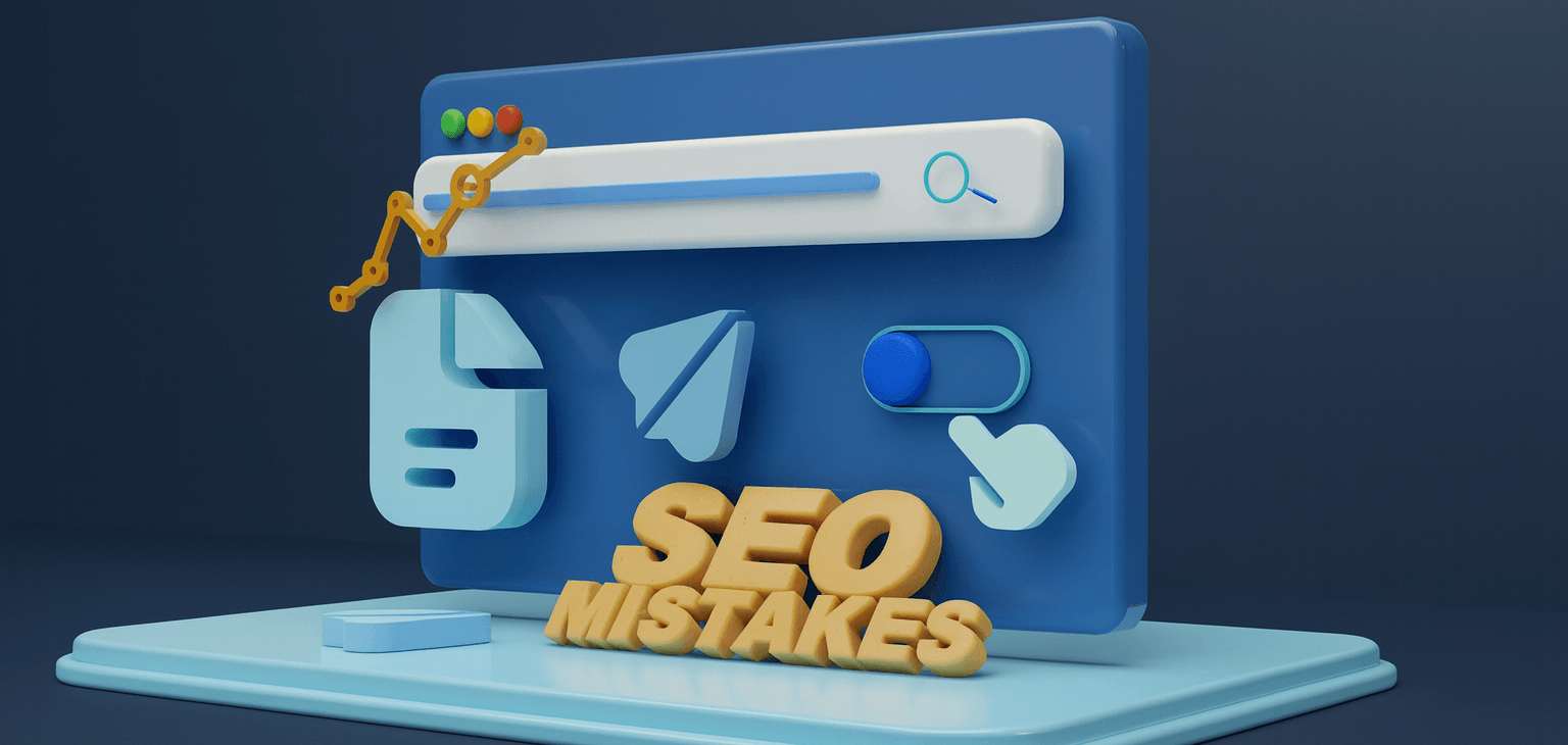 3D browser graphic highlighting SEO mistakes