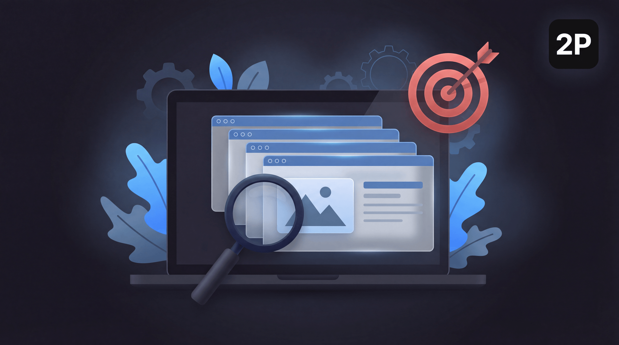 DIY vs professional SEO hero banner with laptop, layered web pages, magnifying glass, target icon, and 2POINT logo