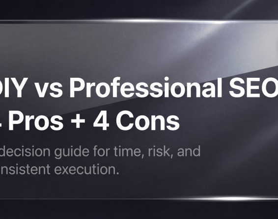 DIY vs professional SEO: 4 pros + 4 cons hero banner with frosted glass panel and 2POINT logo