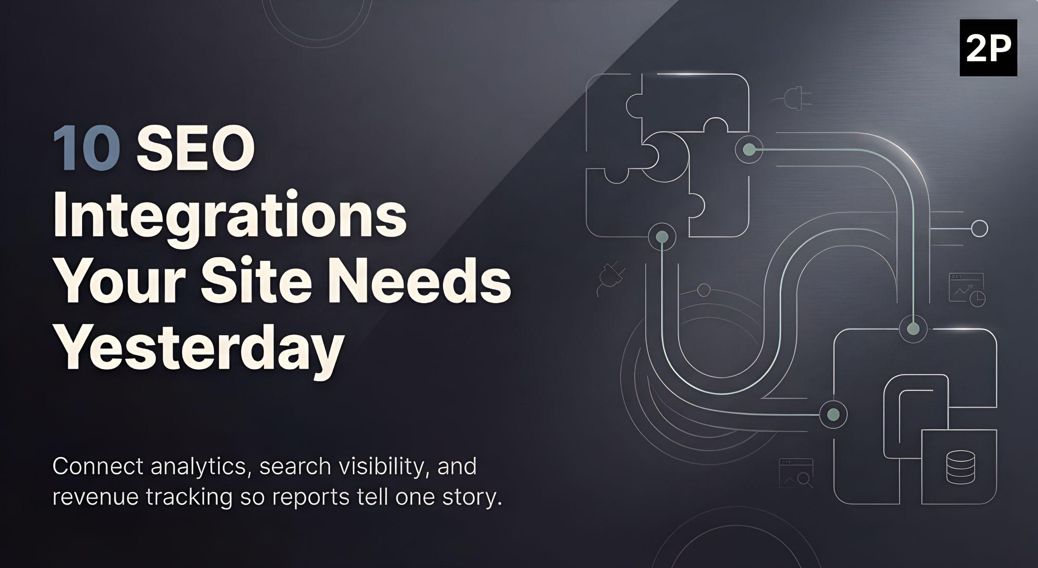 Hero image for 10 SEO integrations showing connected systems for analytics, search visibility, and revenue tracking.