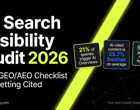 AI search visibility audit 2026 showing 21% of queries trigger AI Overviews, AI-cited content is 25.7% fresher on average, and a 5-step GEO/AEO checklist for getting cited