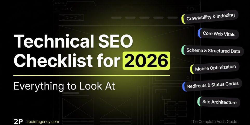 Hero graphic for the 2026 technical SEO checklist covering crawlability, Core Web Vitals, schema, mobile optimization, redirects, and site architecture