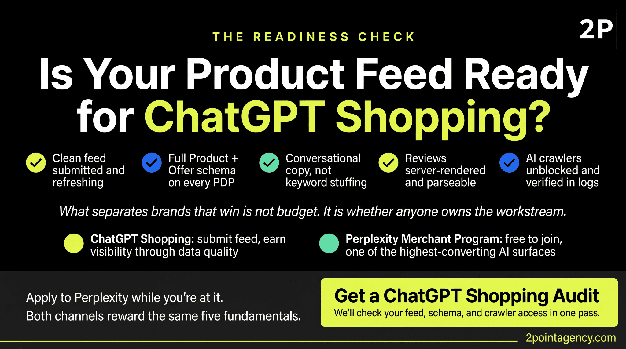 ChatGPT Shopping readiness checklist covering clean feed, Product and Offer schema on every PDP, conversational copy, server-rendered reviews, and unblocked AI crawlers
