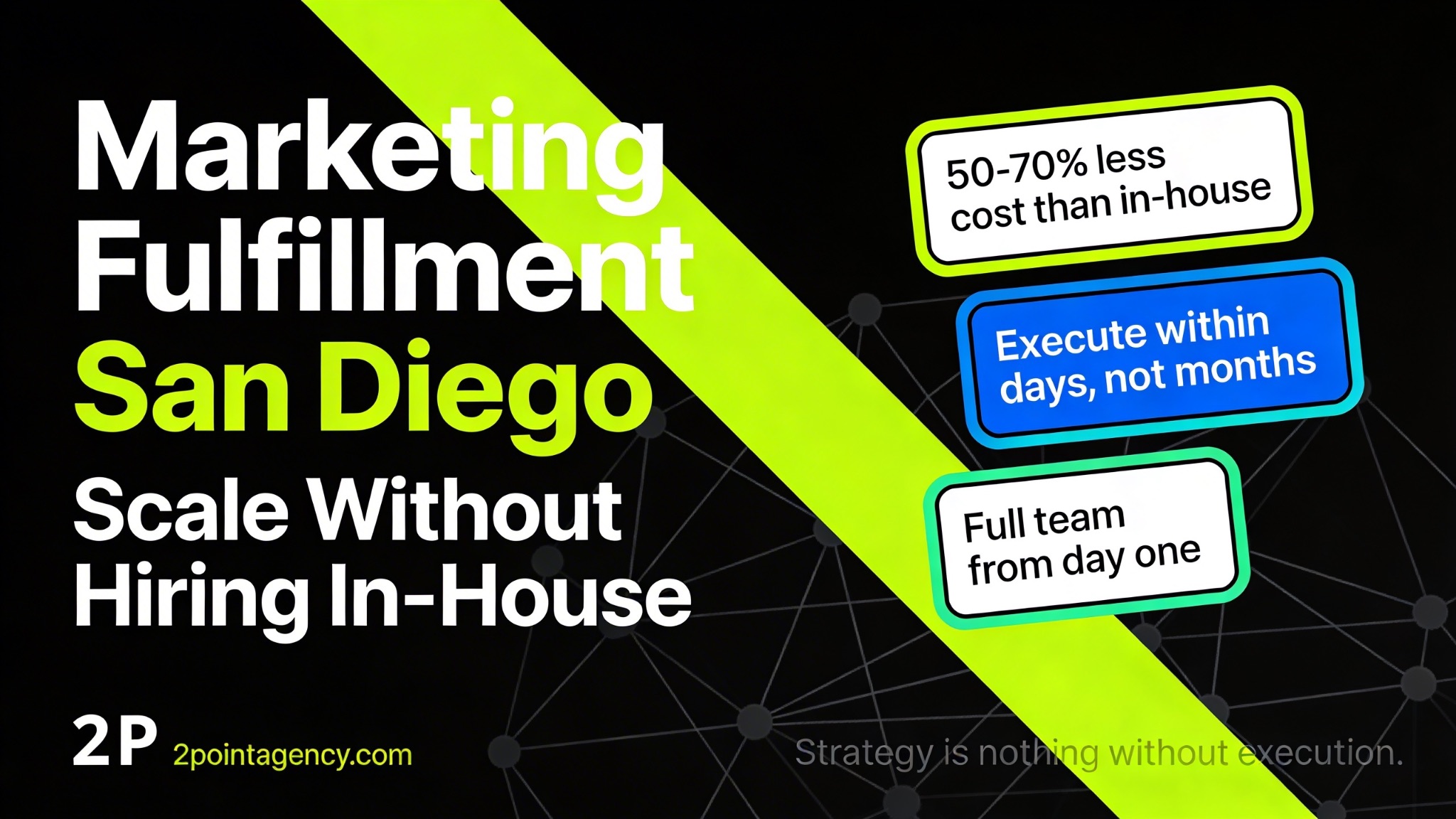 Hero graphic for marketing fulfillment in San Diego highlighting 50-70% cost savings, fast execution, and full team access from day one