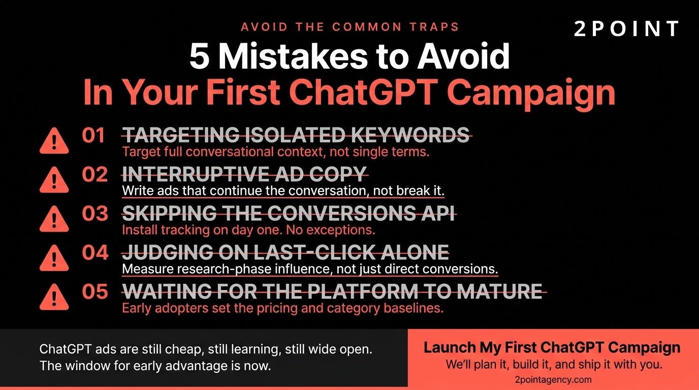 Five common ChatGPT advertising mistakes to avoid, covering targeting, creative, bidding, measurement, and audience controls