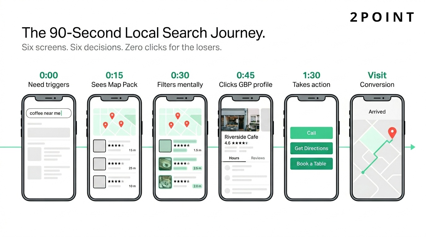 The 90-second local search customer journey from query to in-store visit, broken into six screen-level decisions