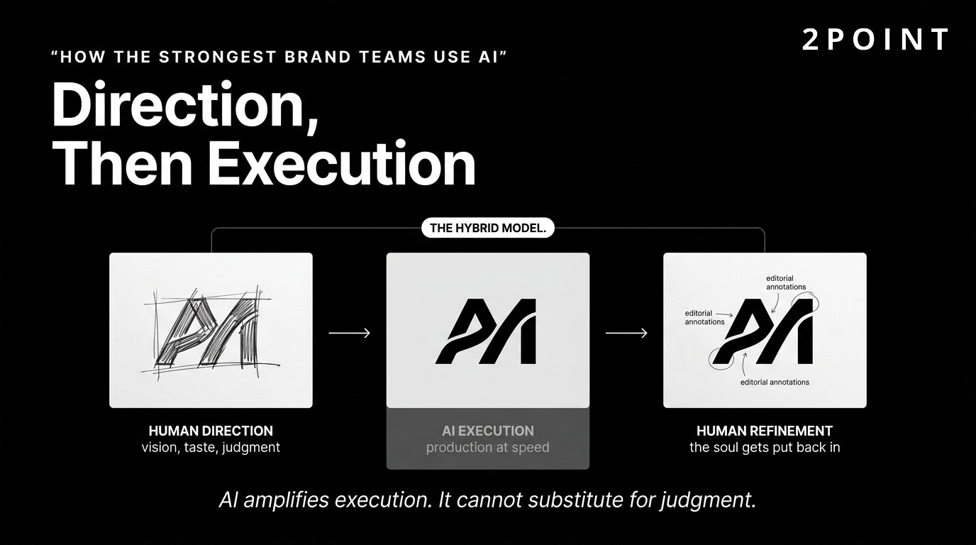 AI brand teams use a hybrid model: human direction sets the strategy, AI handles execution, then humans refine.