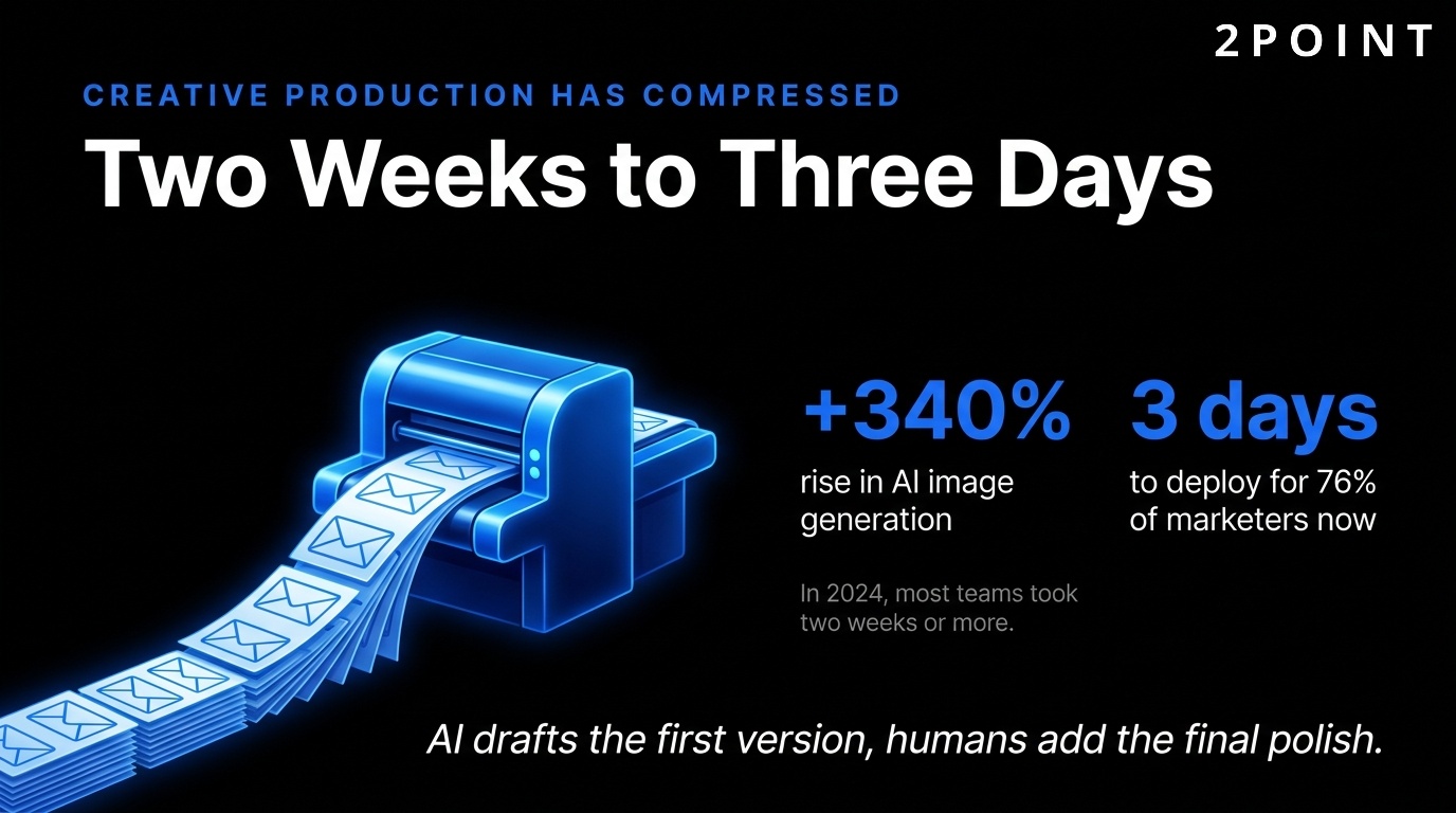 AI email creative production compresses from two weeks to three days using AI-assisted copy and design workflows.