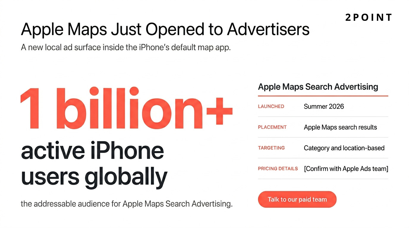 Apple-product-page style spec sheet for Apple Maps Search Advertising, anchored on the verified iPhone user base of one billion plus
