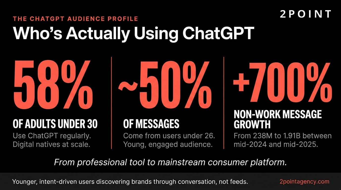 Audience profile visualization of who uses ChatGPT, including demographic mix, engagement frequency, and use-case distribution