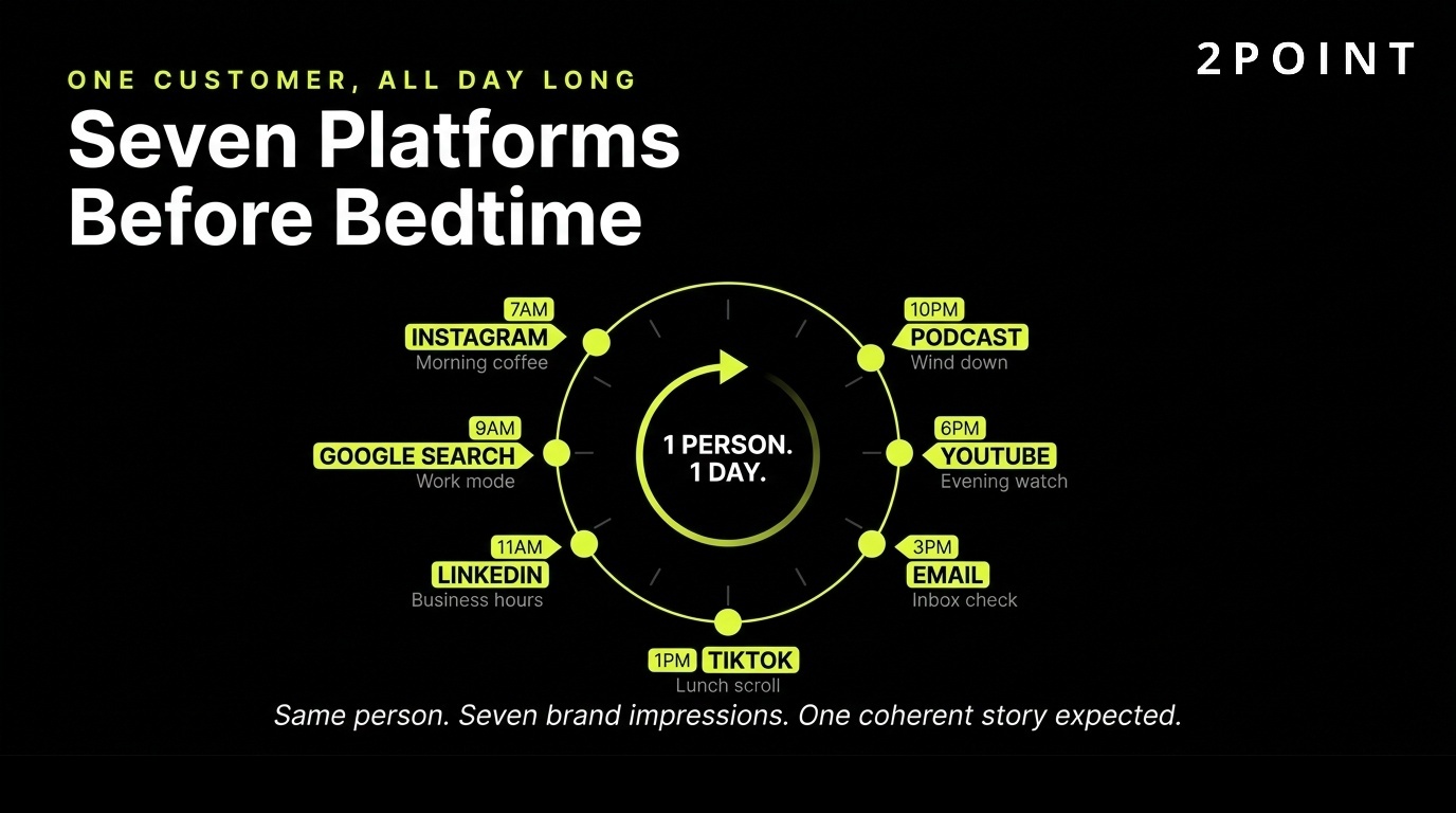 Customers move across seven or more platforms daily, from Instagram to Google search to TikTok before bed.