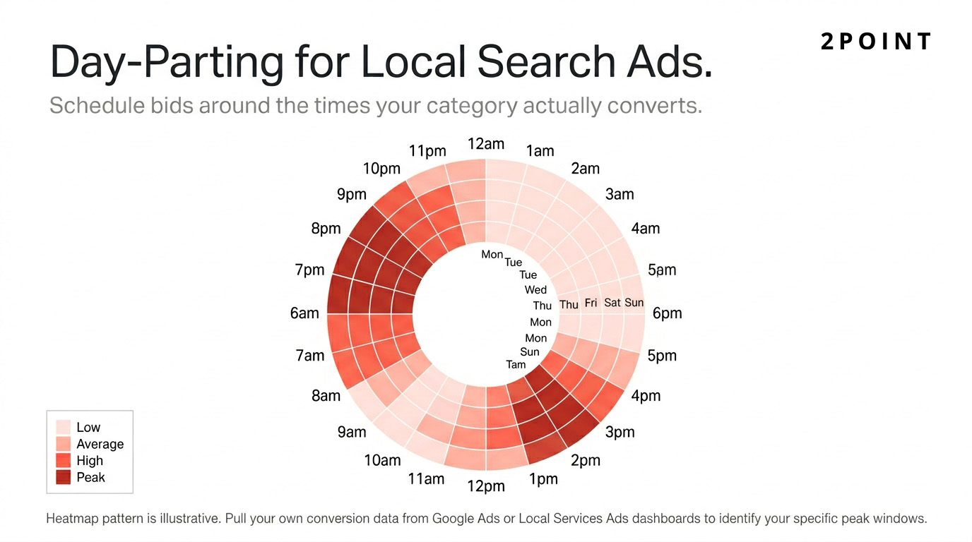 Day-parting heatmap showing local search ad conversion patterns across 24 hours and 7 days, with peak performance windows highlighted