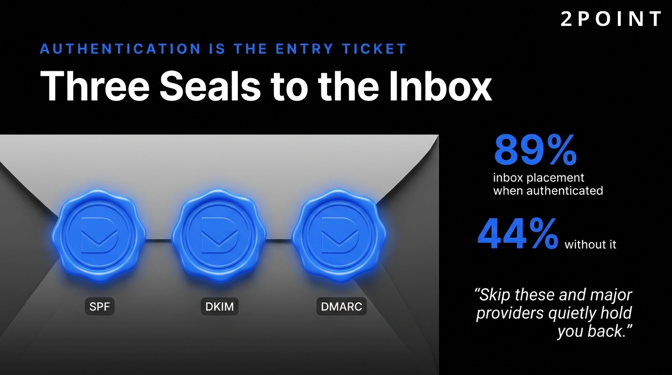 Email authentication with SPF, DKIM, and DMARC lifts inbox placement from 44% to 89%.