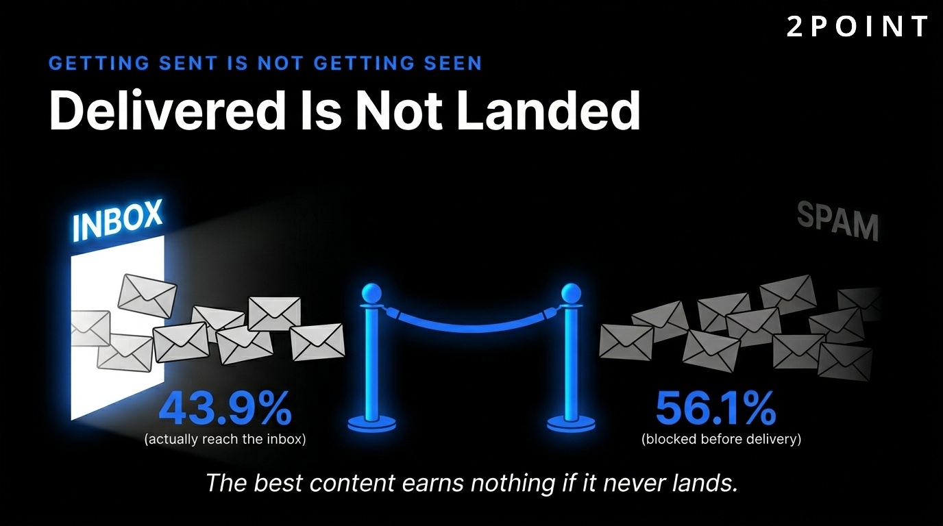 Email deliverability reality: only 43.9% of emails globally reach the inbox, with 56.1% blocked before delivery.