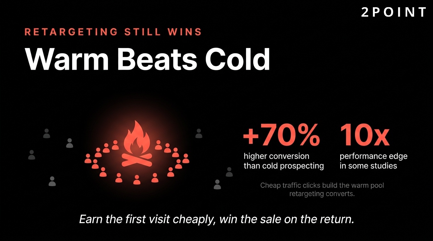 Facebook retargeting vs cold prospecting: warm-audience retargeting converts 70% higher than cold prospecting campaigns.