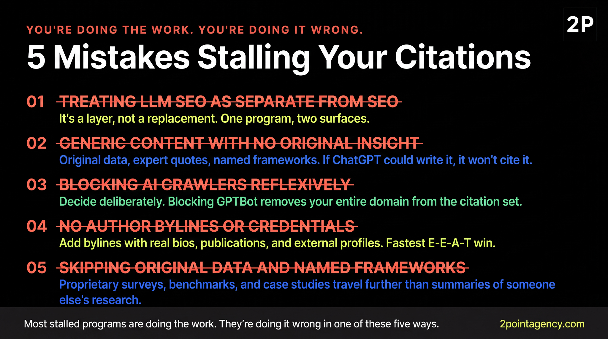 Five common LLM SEO mistakes stalling AI citations, including generic content, blocked crawlers, and missing author bylines.