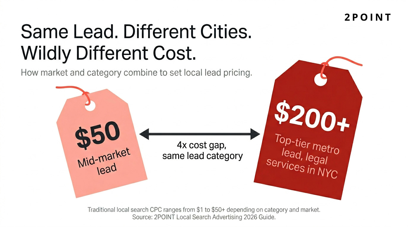 Visualization of Local Services Ads lead cost variation by city, showing how the same lead category can range from approximately $50 in mid-market cities up to $200 or more in top-tier metros