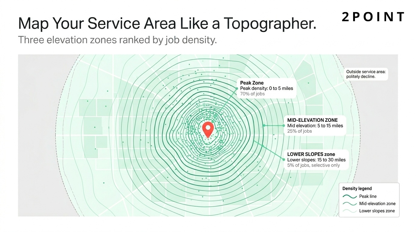 Topographic-style map showing three service area zones for a local business: primary 0 to 5 miles, extended 5 to 15 miles, and edge 15 to 30 miles