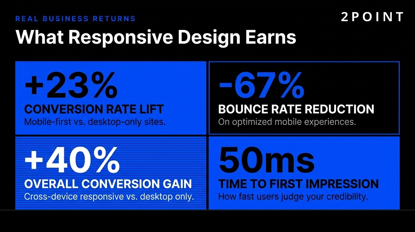 Visualization of the business ROI generated by responsive design, including revenue lift, mobile conversion uplift, and reduced bounce rate