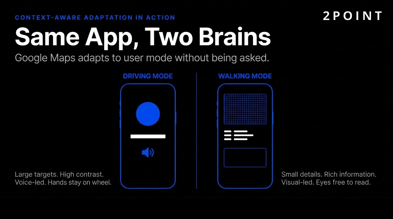 The same app shown with two cognitive modes: simplified for new users, dense and advanced for experts.