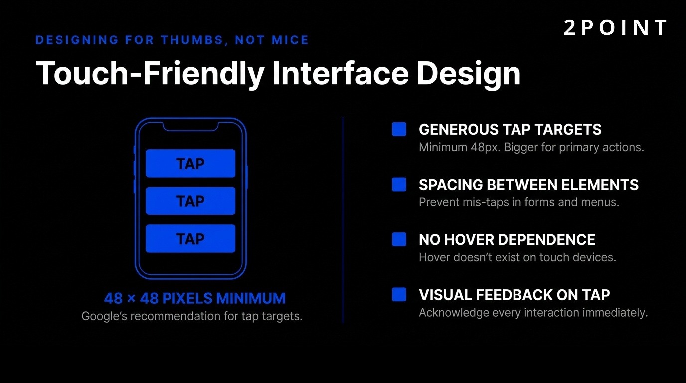 Breakdown of touch-friendly interface design rules including minimum tap-target size, spacing, gesture support, and thumb-zone considerations