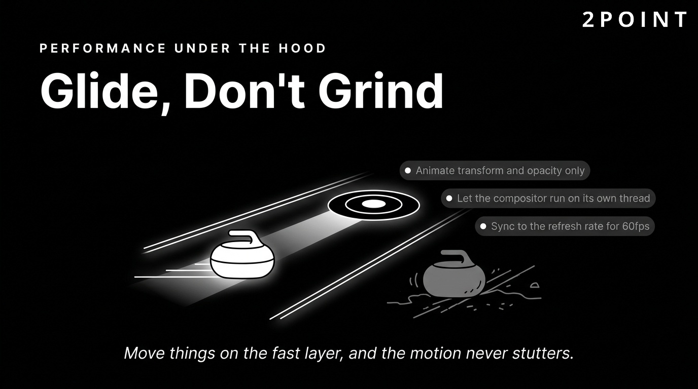 Animation performance: animate transform and opacity to hit a consistent 60 frames per second without forcing layout.