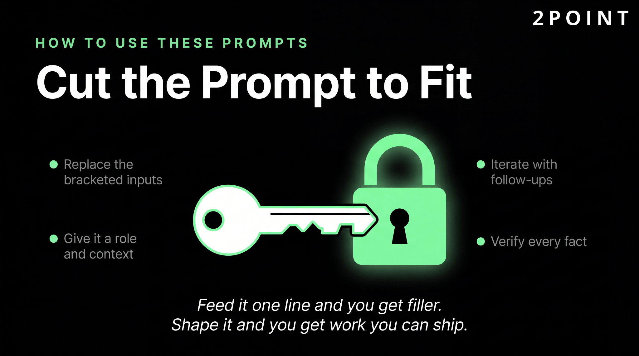 How to use these ChatGPT SEO prompts, cut the prompt to fit: replace the bracketed inputs, give it a role and context, iterate with follow-ups, and verify every fact.