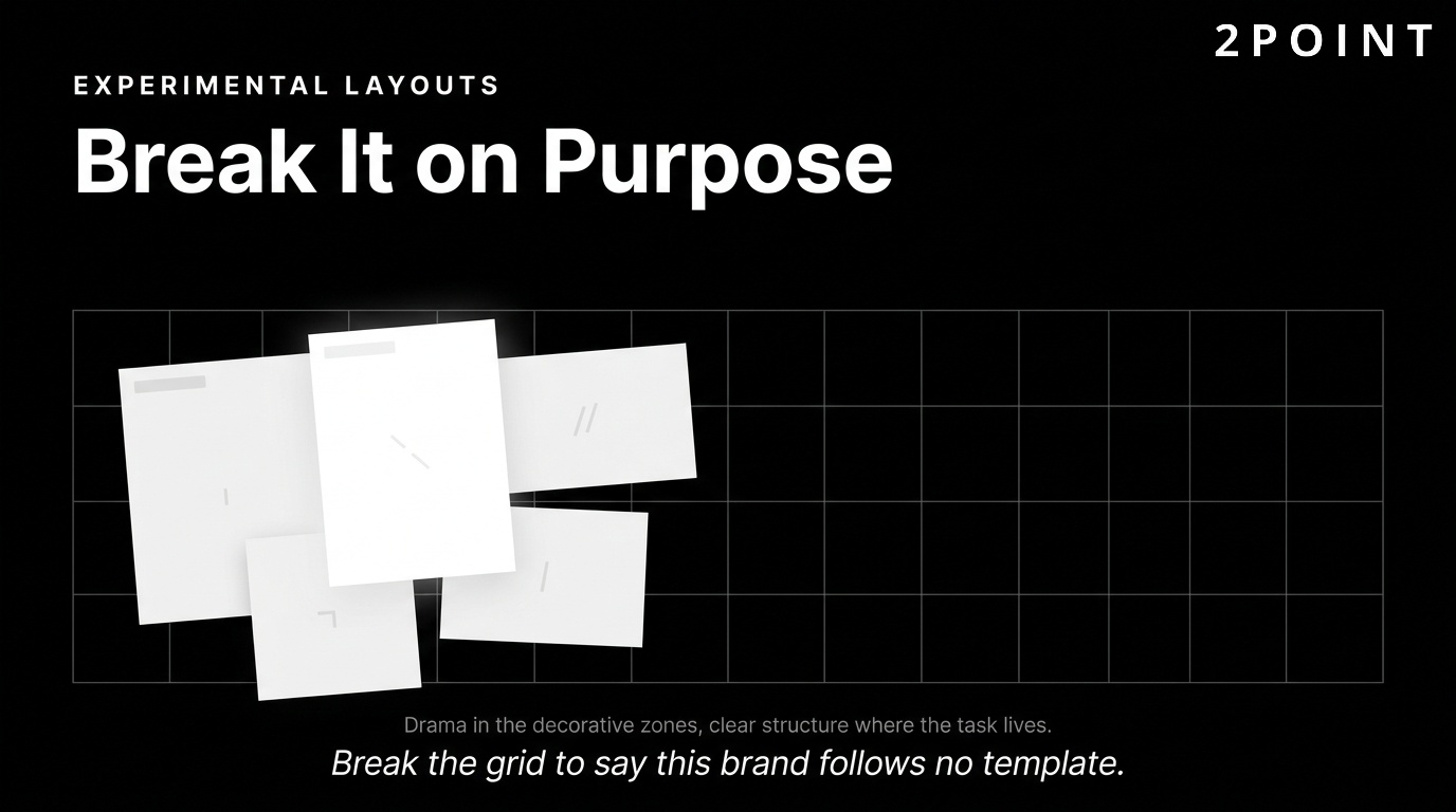 Experimental broken-grid web layouts: when decorative tension works and when standard grids serve the user's task better.