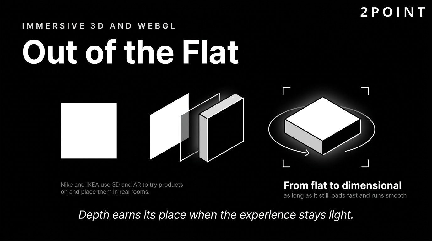 Flat to dimensional: 3D and WebGL animation move web design from static images into rotatable, immersive product experiences.