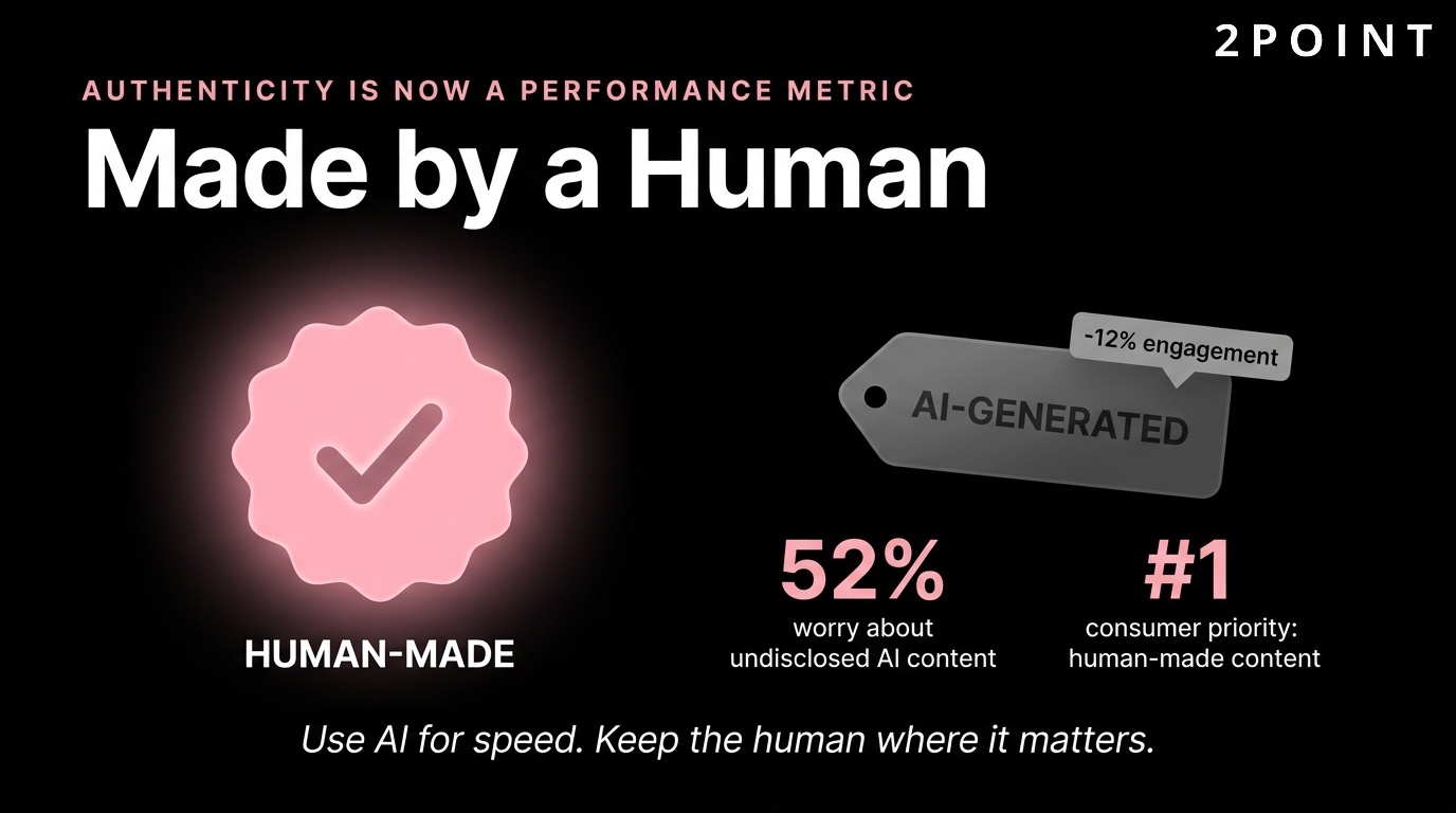Human-made content vs AI-generated: identified AI content takes a 12% engagement penalty, and authenticity is now a performance metric.