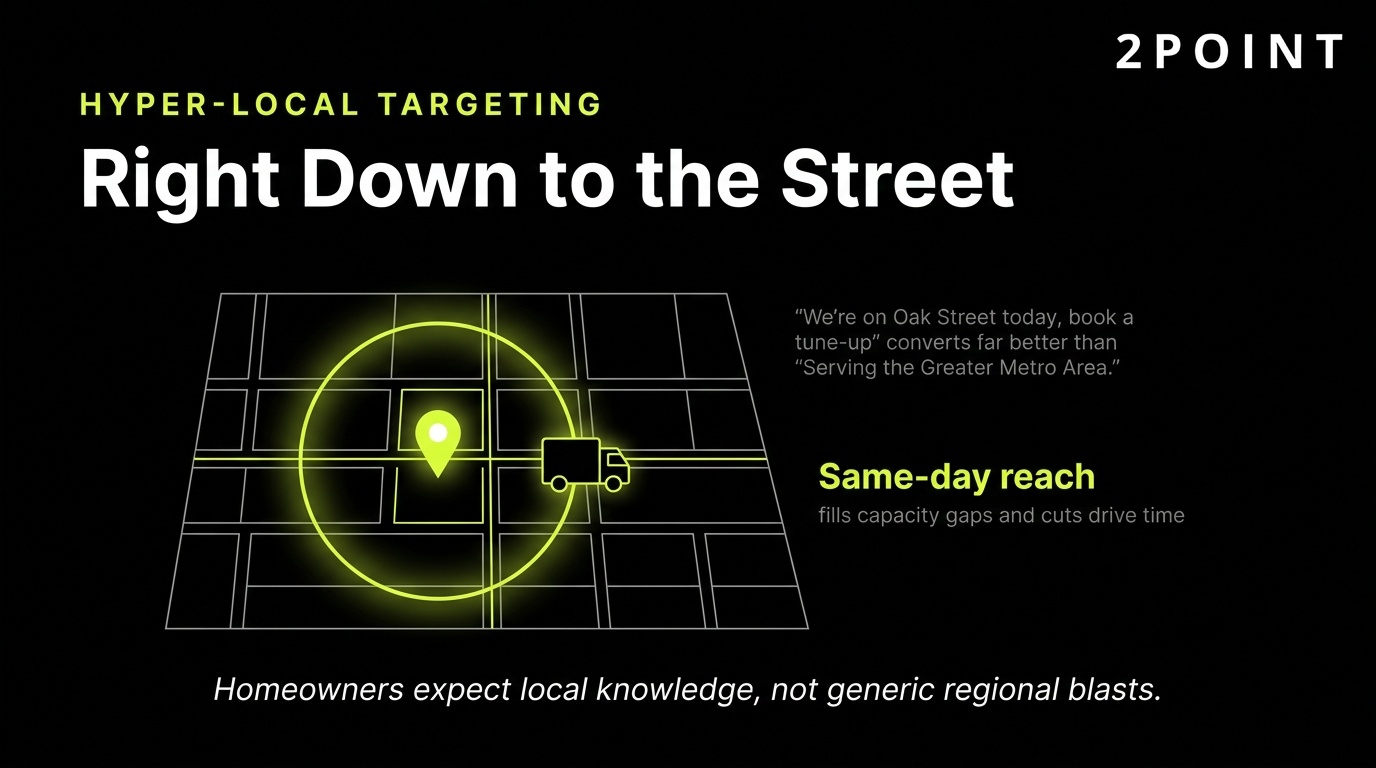 Hyper-local home service targeting: ad sets tuned right down to the street and the neighborhood, not just the city.