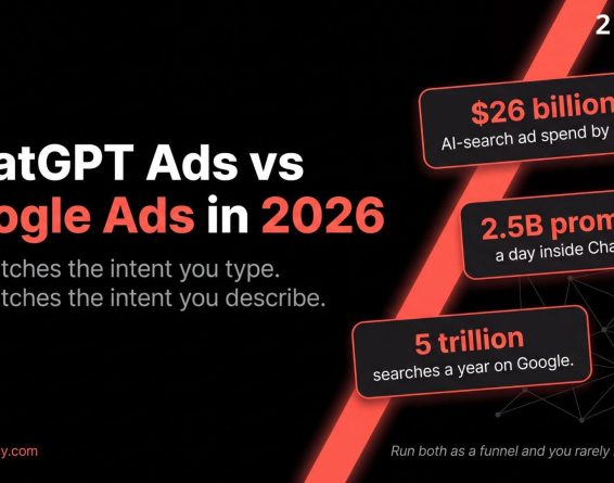 ChatGPT Ads vs Google Ads in 2026 hero with $26B AI-search spend, 2.5B daily prompts, 5T Google searches.