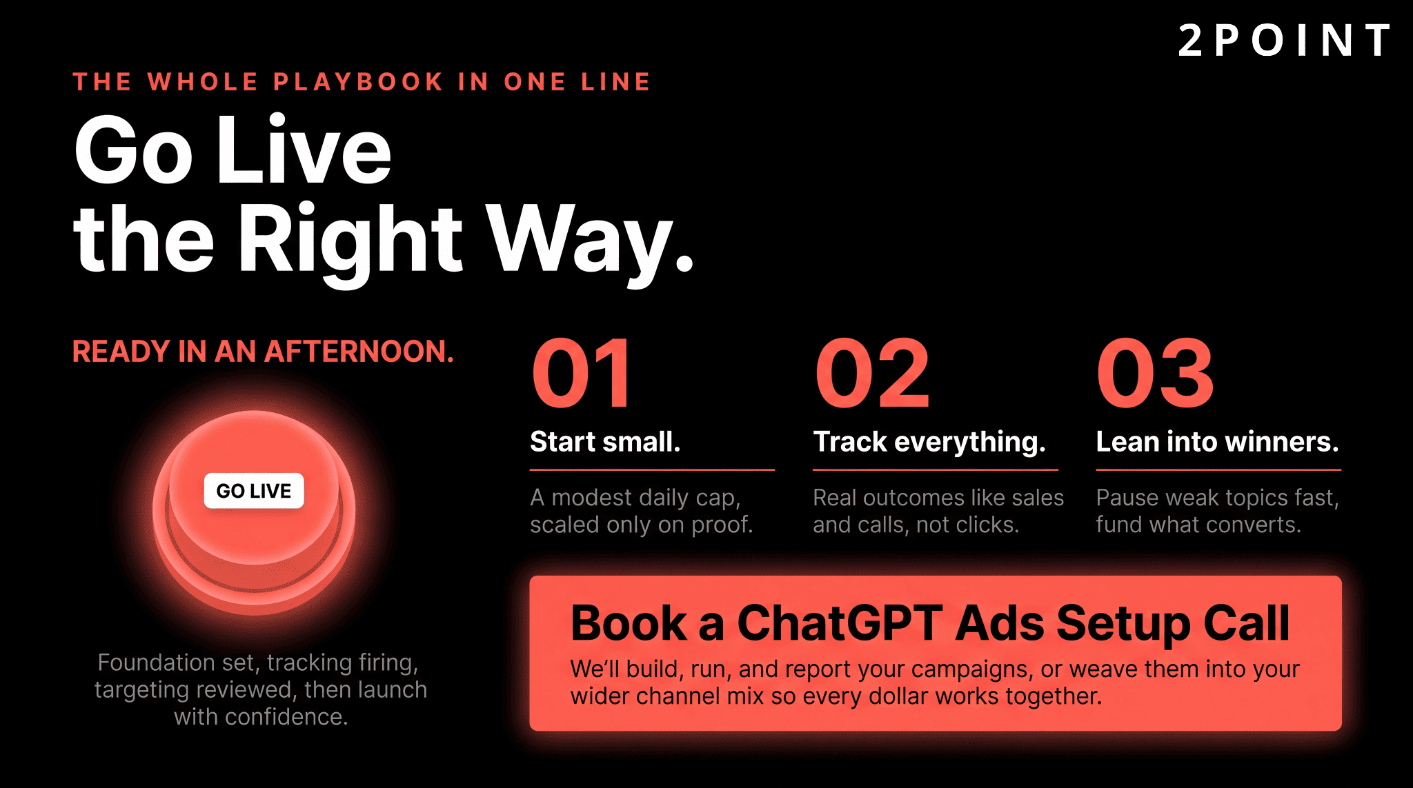 ChatGPT ads launch playbook CTA: start small, track everything, lean into winners.