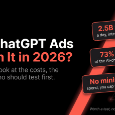 Are ChatGPT Ads worth it in 2026 hero with 2.5B daily prompts, 73% AI-chatbot share, no minimum spend.