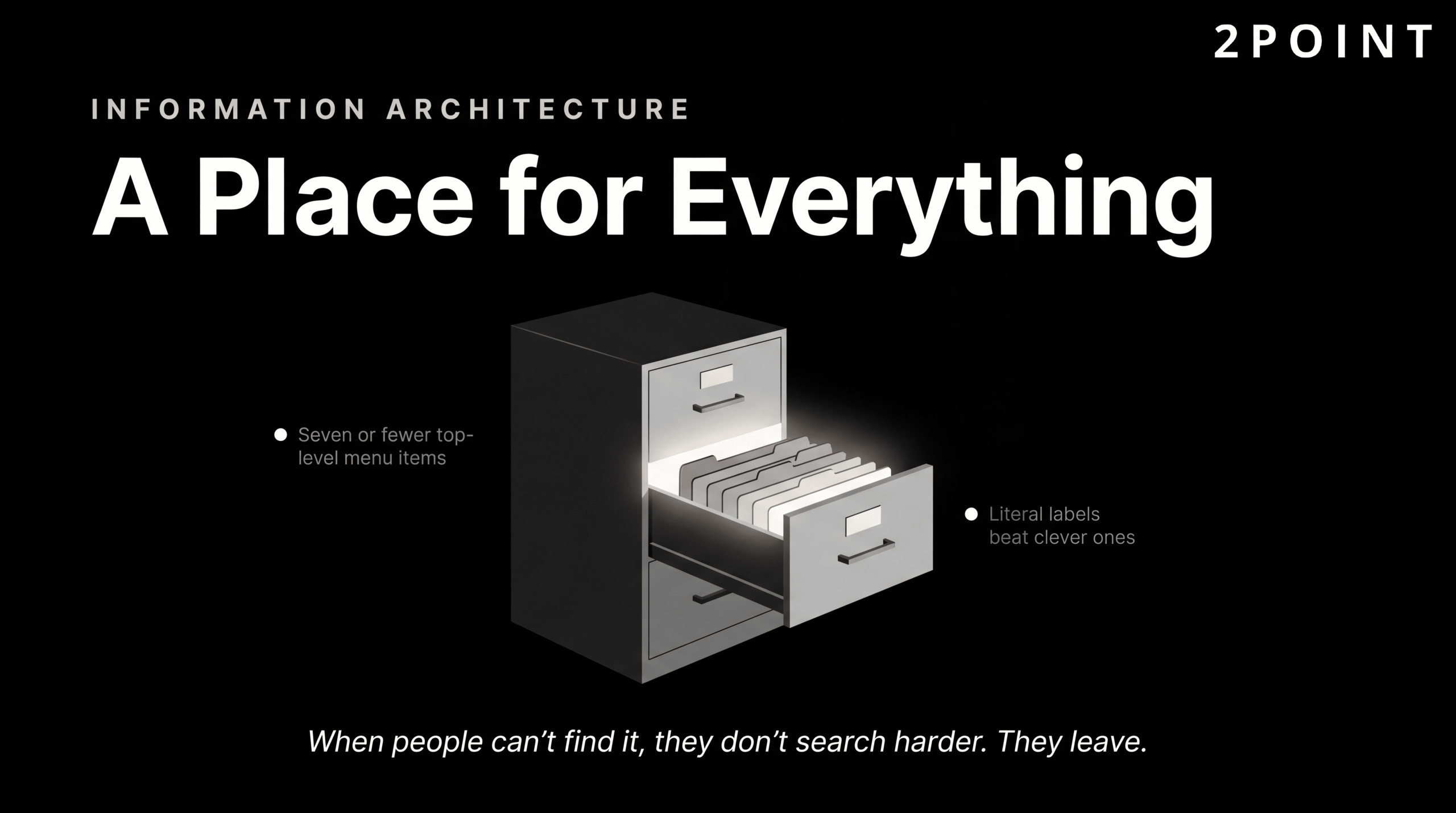 Information architecture: clear website navigation menus and content hierarchy that reduce cognitive load.