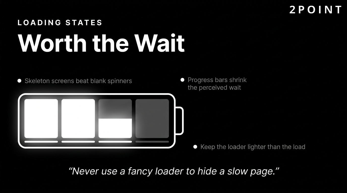 Loading state options: skeleton screens, progress bars, and loaders that make the wait feel worth it.