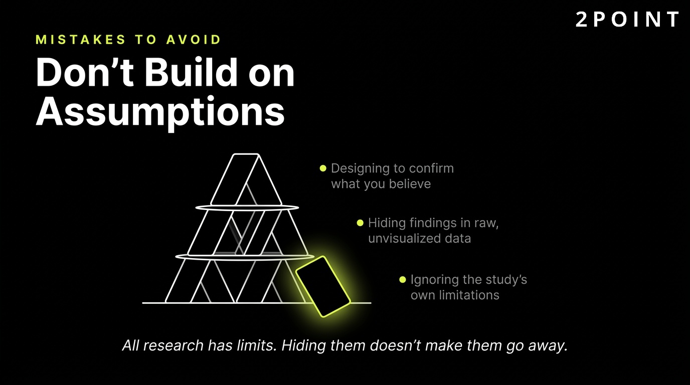 Market research mistakes to avoid: don't build on assumptions, biased questions, or under-powered samples.