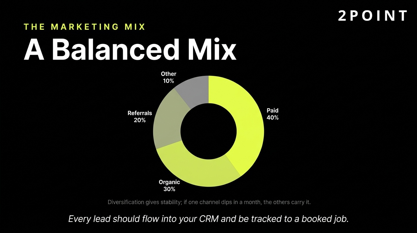 Home service marketing mix: a balanced allocation across SEO, Local Service Ads, PPC, content, social, and email.